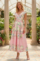 Floral Print Bardot Midi Stretch Dress