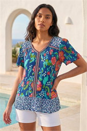Floral Print Trim Detail Top