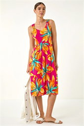Floral Print Shirred Back Midi Dress
