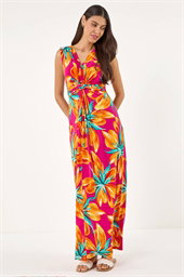 Floral Twist Front Stretch Maxi Dress 