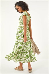 Leaf Print Shirred Maxi Dress