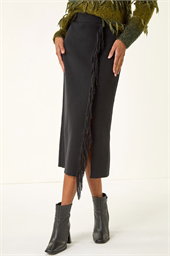Fringe Side Knit Midi Pencil Skirt