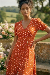 Polka Dot Ruched Sleeve Midi Dress