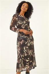 Petite Animal Print Mesh Ruched Midi Dress