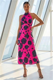 Dusk Floral Satin Look Halter Neck Midi Dress