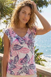 Leaf Print Frill Stretch Top