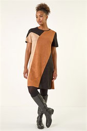 Panelled Faux Suede Shift Stretch Dress