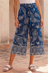 Paisley Print Wide Leg Cropped Trousers