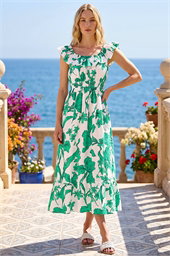 Floral Print Frill Shirred Midi Dress