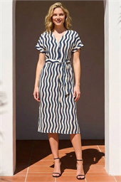 Wave Print Belted Midi Dress