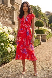 Floral Print Ruffle Wrap Front Midi Dress