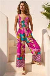 Floral Border Ruched Jumpsuit