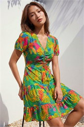 Tropical Print V-Neck Ruched Dress