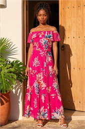 Floral Print Bardot Belted Maxi Dress