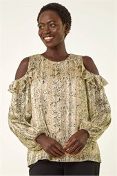 Snake Print Frill Cold Shoulder Top