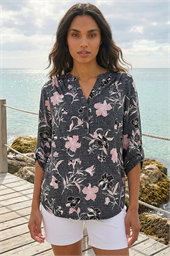 Textured Floral Print V-Neck Stretch Shirt