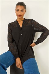 Sequin Lace Insert Stretch Blouse