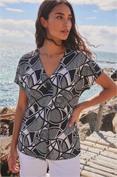 Abstract Print V-Neck Stretch Top