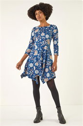 Floral Print Hanky Hem Stretch Dress