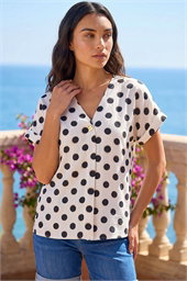 Spotted Pleat Front V-Neck Top