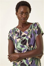 Geometric Leaf Print Cowl Neck Top