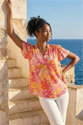 Leaf Print Shirred V-Neck Top