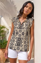 Mono Printed Frill Sleeve Top