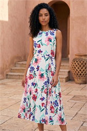 Pleat Neck Floral Midi Dress