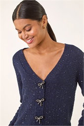 Bow Embellished Sequin Knit Cardigan