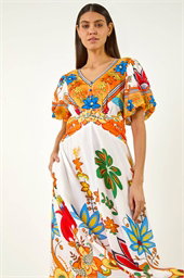Floral Border Ruched Midi Dress