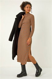 Dusk High Neck Stripe Stretch Midi Dress