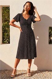 Petite Polka Dot Drawstring Midi Dress