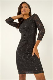 Sequin Lace Ruched Stretch Dress