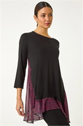 Animal Print Contrast Mesh Hem Stretch Top
