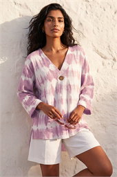 Cotton Tie Dye Button Detail V-Neck Top