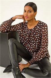 Spot Print Shirred Cuff Top