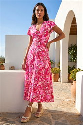 Floral Ruched Waist Midi Dress