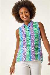 Ikat Print Button Up Blouse
