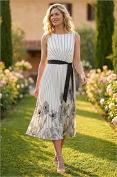 Border Print Pleated Midi Dress