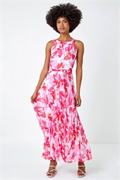 Floral Halter Neck Pleated Chiffon Maxi Dress