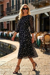 Polka Dot Pleat Neck Midi Dress