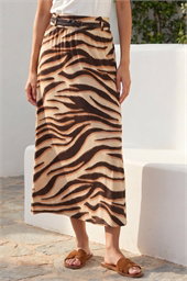 Animal Print Belted Midi Skirt