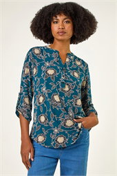 Textured Floral Print Notch Neck Top