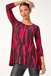 Brush Print Hanky Hem Stretch Tunic Top