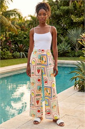 Fruit Print Tie Waist Stretch Trouser