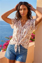 Floral Buttoned Tie Hem Top