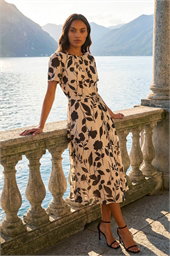 Floral Print Pleat Neck Midi Dress
