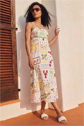 Postcard Print Strappy Ric Rac Midi Dress
