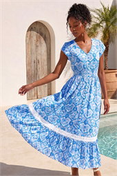 Tile Print Shirred Waist Maxi Dress