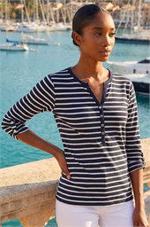 Petite Stripe V-Neck Button Top